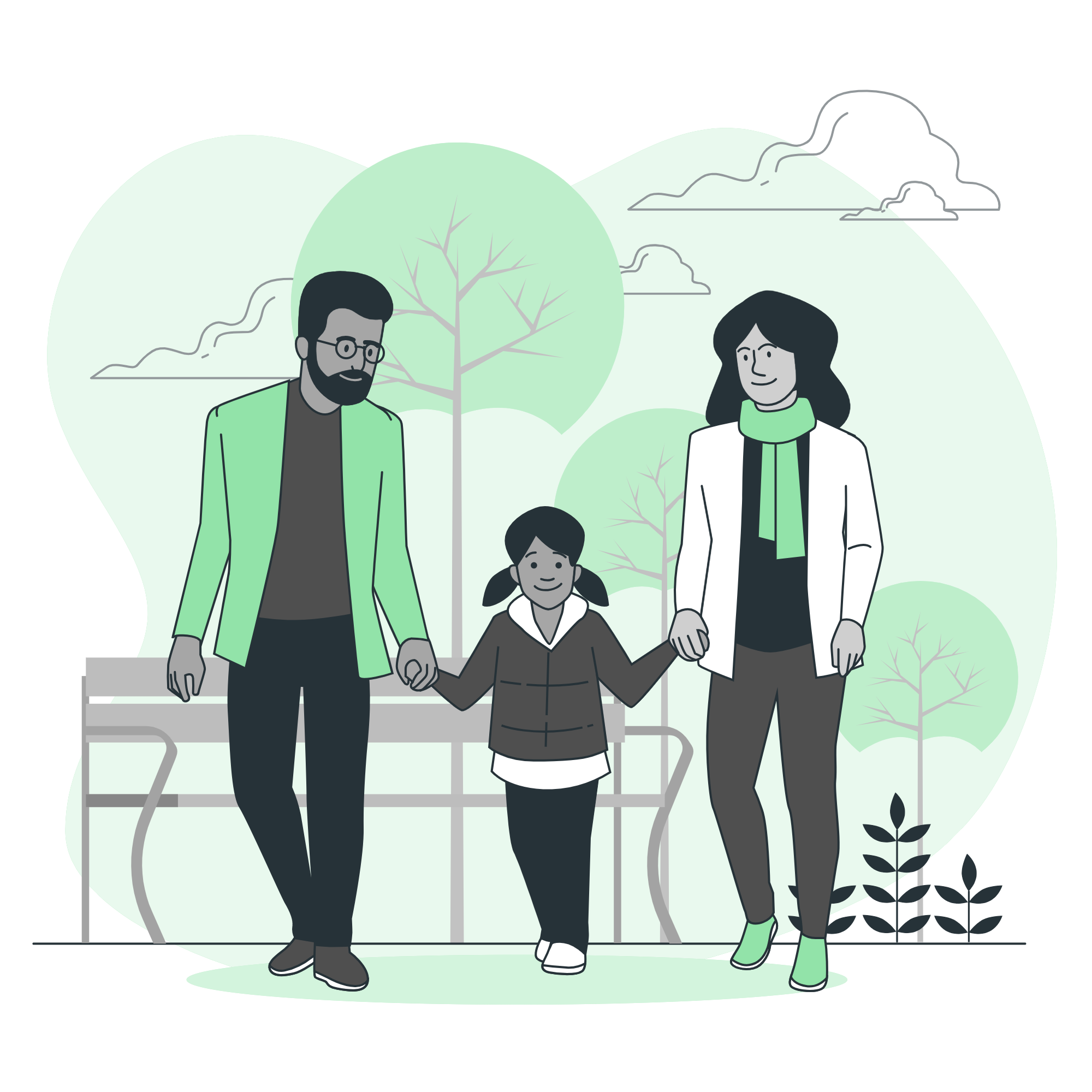 parents walk with daughter 